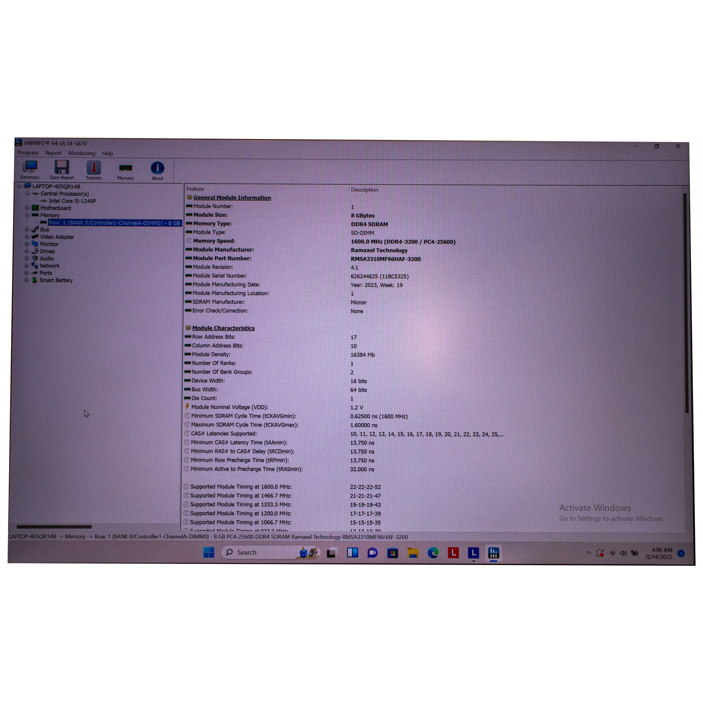 8 GB SODIMM DDR4 RAM 1RX16 PC4 3200 MHz