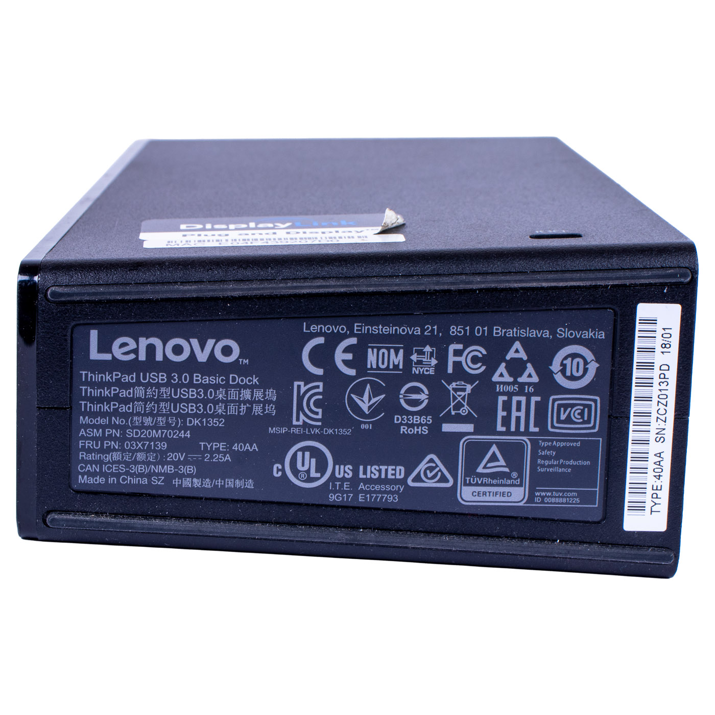 Lenovo ThinkPad USB 3.0 Basic Dock 03X6285 Docking Station