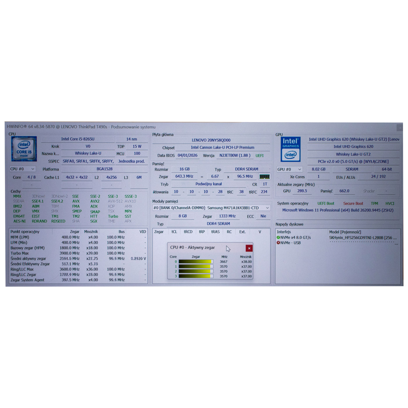 Motherboard processor Lenovo ThinkPad T490s X390 i5 8265U